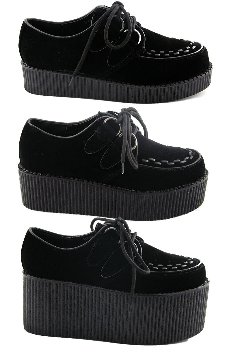 Womens Black Platform Lace Up Ladies Flats Creepers Punk